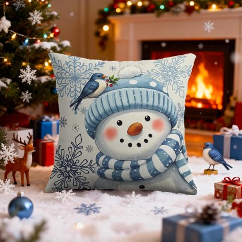 Smozenith Winter Pillow Covers 18X18 Set of 2, Blue Snowman Bird Snowflakes Decorative Throw Pillowcases Outdoor Holiday Seasonal Farmhouse Cushion Cases Couch Sofa Bed Decor - Image 3