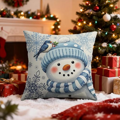 Smozenith Winter Pillow Covers 18X18 Set of 2, Blue Snowman Bird Snowflakes Decorative Throw Pillowcases Outdoor Holiday Seasonal Farmhouse Cushion Cases Couch Sofa Bed Decor - Image 2