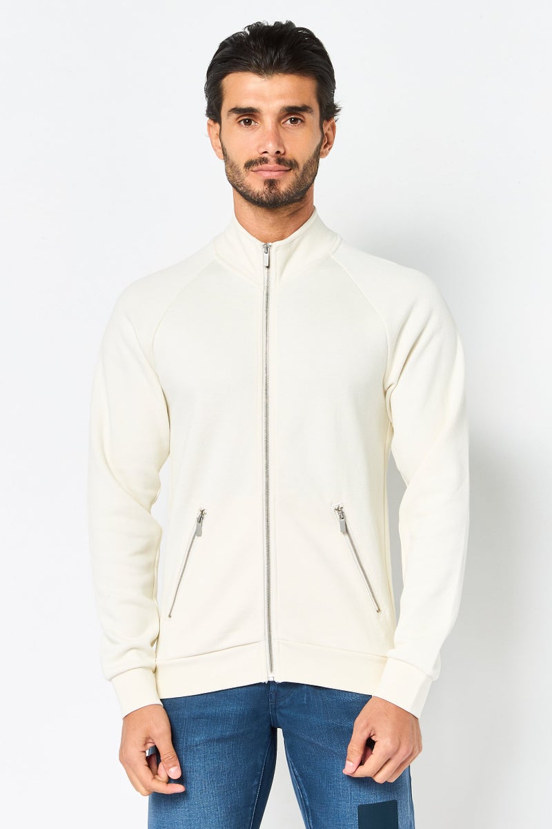 Celio Men Mock Neck Long Sleeve Textured Sweatshirt, Off White - Image 1