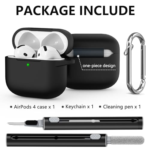 Ljusmicker for AirPods 4 Case Cover 2024 with Cleaner Kit,Soft Silicone Protective Case for Apple AirPods 4th Generation Case for Women Men,AirPod 4 Case Accessories with Keychain-Black - Image 3