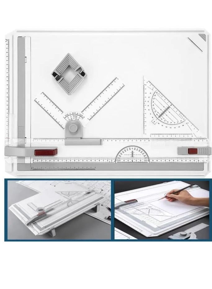 Generic A3 Drawing Tablet Set Multifunctional Drawing Table A3 Adjustable Measuring System Parallel Angle with Protractor Paper Locator Sliding Ruler Anti-Slip Support Leg White - Image 2