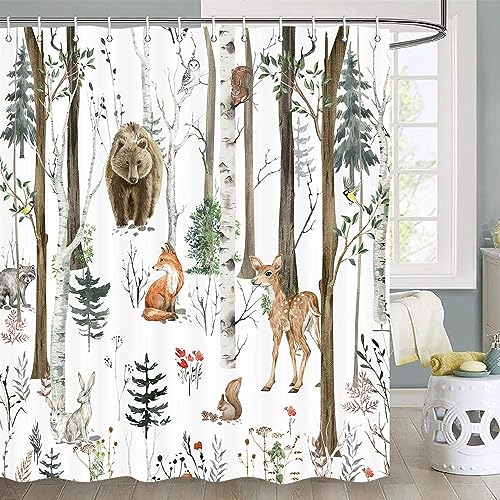 JAWO Rustic Forest Shower Curtain Cute Watercolor Woodland Wildlife Bear Deer Fox Rustic Cabin RV Camper Shower Curtain Sets Waterproof Farmhouse Cabin Shower Curtains with Hooks 72x72 Inch - Image 1