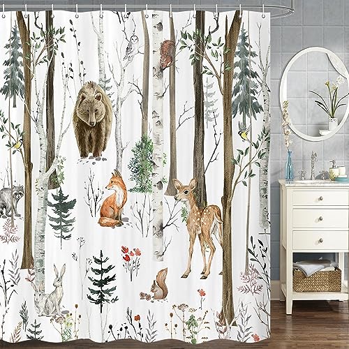 JAWO Rustic Forest Shower Curtain Cute Watercolor Woodland Wildlife Bear Deer Fox Rustic Cabin RV Camper Shower Curtain Sets Waterproof Farmhouse Cabin Shower Curtains with Hooks 72x72 Inch - Image 3