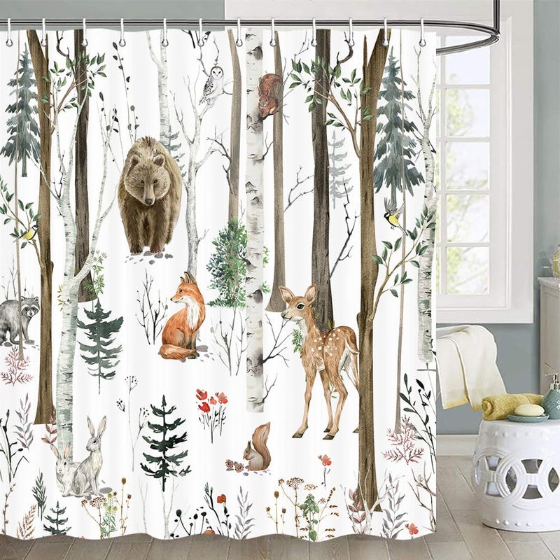 JAWO Rustic Forest Shower Curtain Cute Watercolor Woodland Wildlife Bear Deer Fox Rustic Cabin RV Camper Shower Curtain Sets Waterproof Farmhouse Cabin Shower Curtains with Hooks 72x72 Inch - Image 2