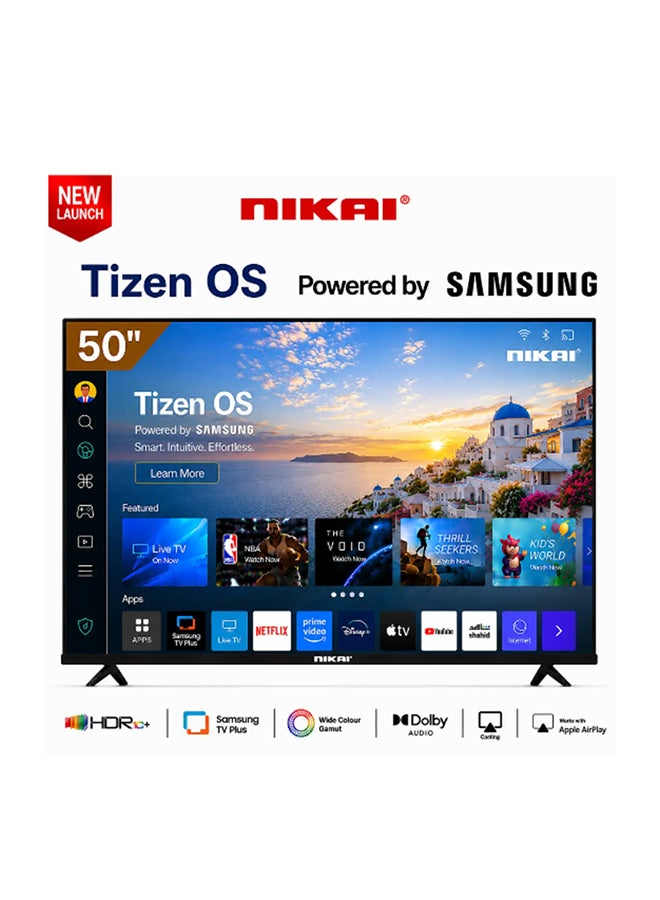 نيكاي تلفاز ذكي NIKAI 50 بوصة 4K UHD بنظام Tizen (مدعوم من سامسونج) | تلفاز LED بدقة Ultra HD | سامسونج TV Plus | واي فاي وتحكم صوتي، بلوتوث 2.1، HDR10 | 2 مكبر صوت (8 واط) | 3 HDMI و 2 USB - 50QTZN4KSLED - Image 1