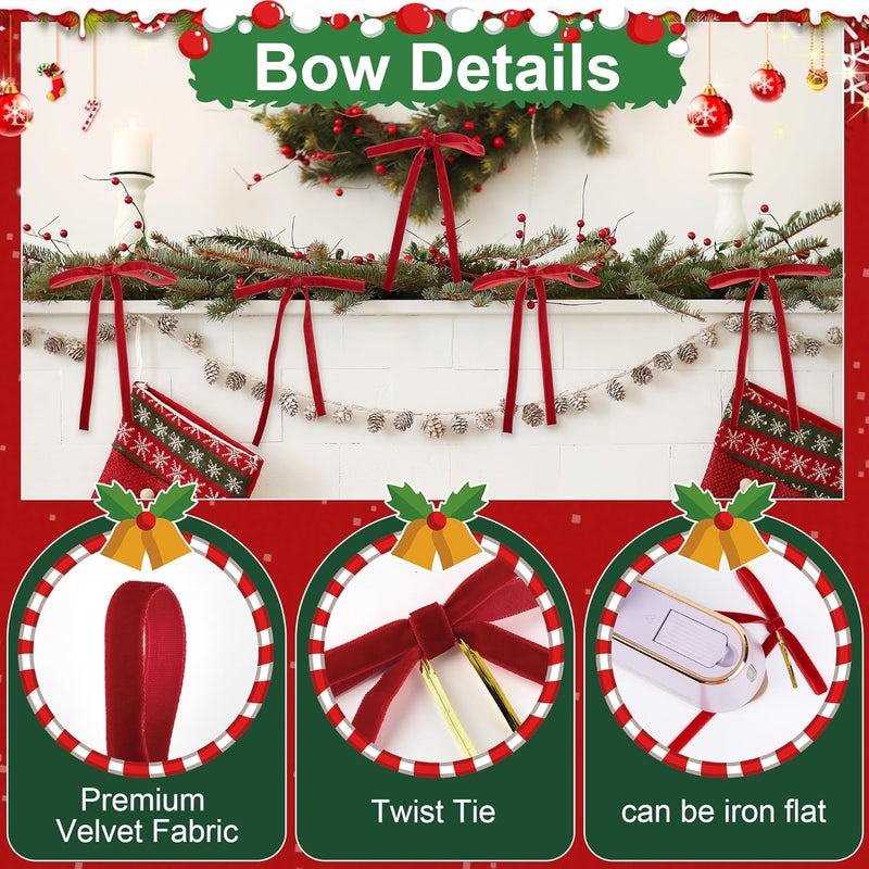 Anyfire Red Velvet Bows for Christmas Tree 24 Pcs: Vintage Velvet Ribbon Bows for Tree Wreath Garland Gift Wrapping Decor - Small Christmas Tree Bows for Home Holiday Xmas Decoration (5"x7", 3/8" Width) - Image 3