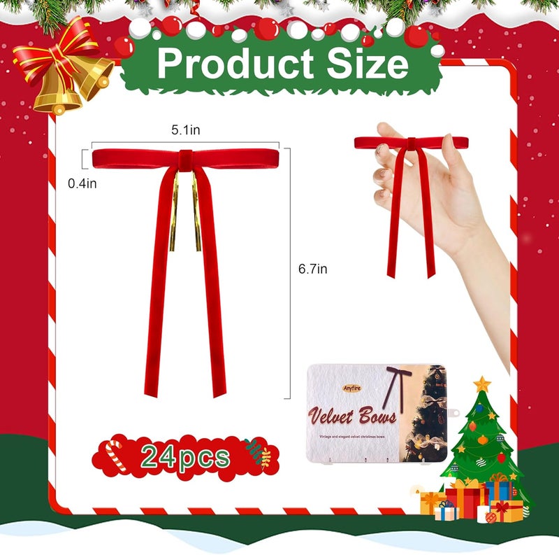 Anyfire Red Velvet Bows for Christmas Tree 24 Pcs: Vintage Velvet Ribbon Bows for Tree Wreath Garland Gift Wrapping Decor - Small Christmas Tree Bows for Home Holiday Xmas Decoration (5"x7", 3/8" Width) - Image 2