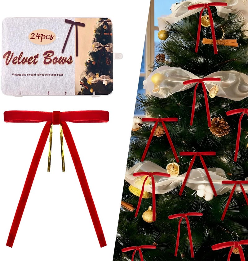 Anyfire Red Velvet Bows for Christmas Tree 24 Pcs: Vintage Velvet Ribbon Bows for Tree Wreath Garland Gift Wrapping Decor - Small Christmas Tree Bows for Home Holiday Xmas Decoration (5"x7", 3/8" Width) - Image 1