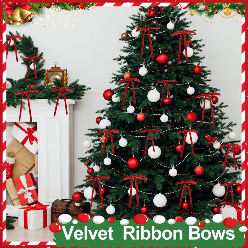 Anyfire Red Velvet Bows for Christmas Tree 24 Pcs: Vintage Velvet Ribbon Bows for Tree Wreath Garland Gift Wrapping Decor - Small Christmas Tree Bows for Home Holiday Xmas Decoration (5"x7", 3/8" Width) - Image 4