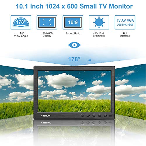 Haiway 10.1 inch Security Monitor, 1024x600 Resolution Small HDMI Monitor Small Computer Monitors with Remote Control with Built-in Dual Speakers HDMI VGA BNC Input for Gaming CCTV Raspberry Pi PC - Image 2