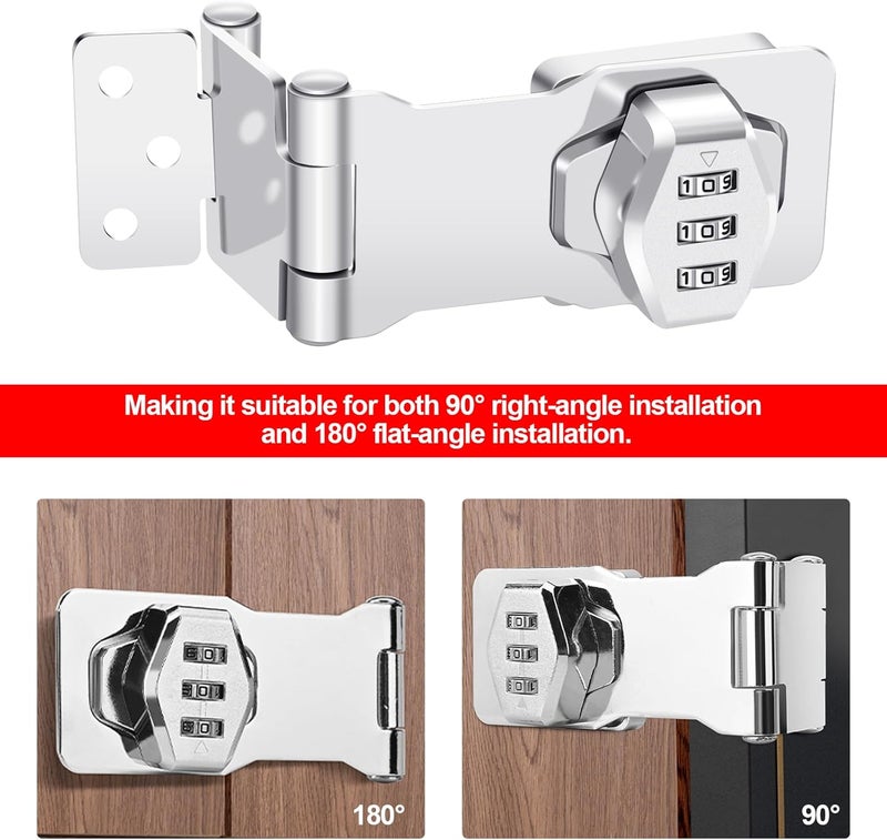 KIBBEH 2 Pack Password Rotary Hasp Locks, Collapsible Solid 304 Stainless Steel File Cabinet Lock Desk Drawer Lock, for 90 Degree and 180 Degree Drawers, Dabinets, Doors, Flip Barn Door, Outdoor - Image 5