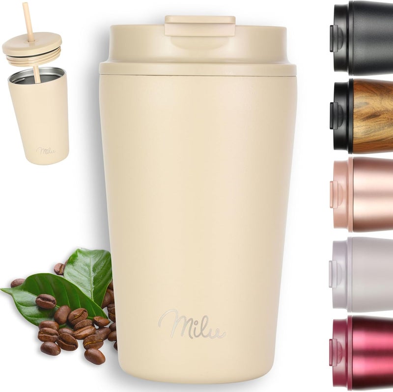 Milu Thermal Mug 300 ml, 400 ml, 500 ml - 100% Leak-Proof - Stainless Steel Coffee Mug to Go Insulated with Straw Keeps Hot for 10 Hours / 20 Hours Cold, BPA-Free (Beige, 400 ml) - Image 1