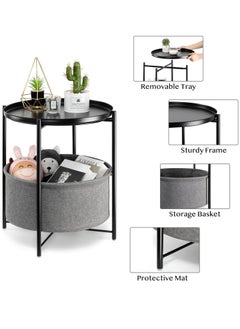 Arabest Round Side Table with Fabric Storage Basket, Metal Small Bedside Table Nightstand with Removable Tray Top for Living Room, Bedroom, Nursery, Laundry, Black  - Image 2