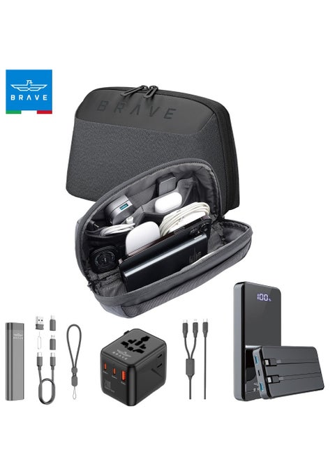 5-in-1 Portable Travel Charging Kit - Includes 12,000mAh Power Bank, Universal Travel Adapter with 20W GaN Fast Charger, 2-in-1 USB-C and Lightning Cables, 9-in-1 Multifunctional Travel Kit, 2-Layer Waterproof Tech Bag - Compact Charging Solution for Travel, Office, and Everyday Use