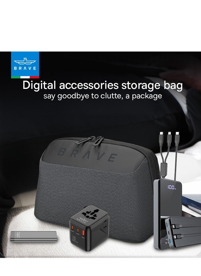 Brave - 5-in-1 Portable Travel Charging Kit - Includes 12,000mAh Power Bank, Universal Travel Adapter with 20W GaN Fast Charger, 2-in-1 USB-C and Lightning Cables, 9-in-1 Multifunctional Travel Kit, 2-Layer Waterproof Tech Bag - Compact Charging Solution for Travel, Office, and Everyday Use - Image 1