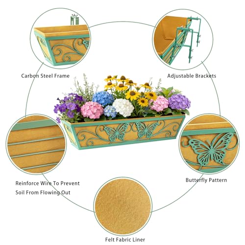 Karlliu 2 Pack 24 Inch Window Boxes Planter Railing Planters Box with Adjustable Brackets for Porch Deck Balcony Hanging Butterfly Decorative Flower Baskets & Non-Woven Fabric Liner for Outdoor Plants - Green - Image 3