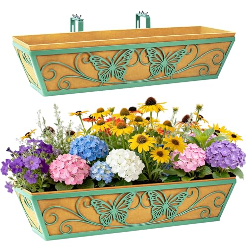 Karlliu 2 Pack 24 Inch Window Boxes Planter Railing Planters Box with Adjustable Brackets for Porch Deck Balcony Hanging Butterfly Decorative Flower Baskets & Non-Woven Fabric Liner for Outdoor Plants - Green - Image 1