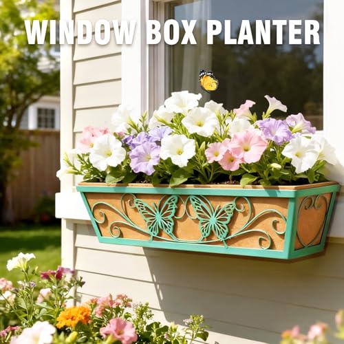 Karlliu 2 Pack 24 Inch Window Boxes Planter Railing Planters Box with Adjustable Brackets for Porch Deck Balcony Hanging Butterfly Decorative Flower Baskets & Non-Woven Fabric Liner for Outdoor Plants - Green - Image 4
