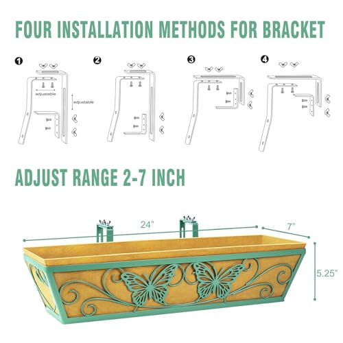 Karlliu 2 Pack 24 Inch Window Boxes Planter Railing Planters Box with Adjustable Brackets for Porch Deck Balcony Hanging Butterfly Decorative Flower Baskets & Non-Woven Fabric Liner for Outdoor Plants - Green - Image 5