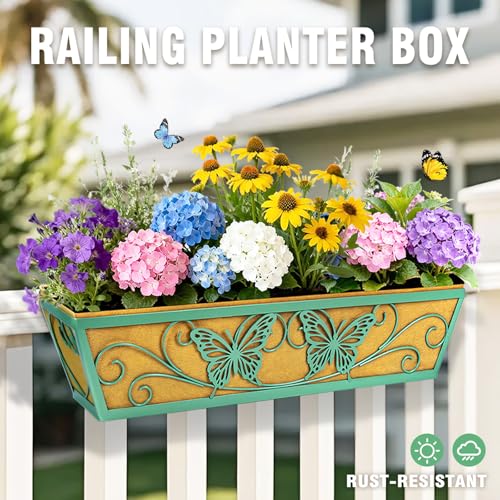 Karlliu 2 Pack 24 Inch Window Boxes Planter Railing Planters Box with Adjustable Brackets for Porch Deck Balcony Hanging Butterfly Decorative Flower Baskets & Non-Woven Fabric Liner for Outdoor Plants - Green - Image 2