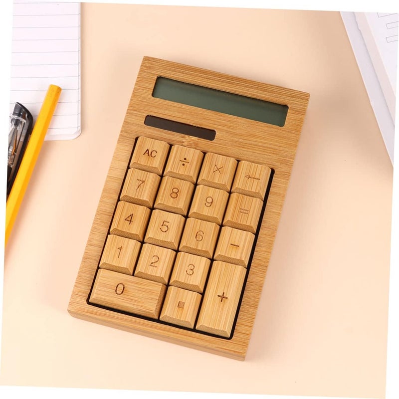 Portable Solar Calculator 18-Key Bamboo Design Dual Power Educational Tool for Office and Home Use - Image 1