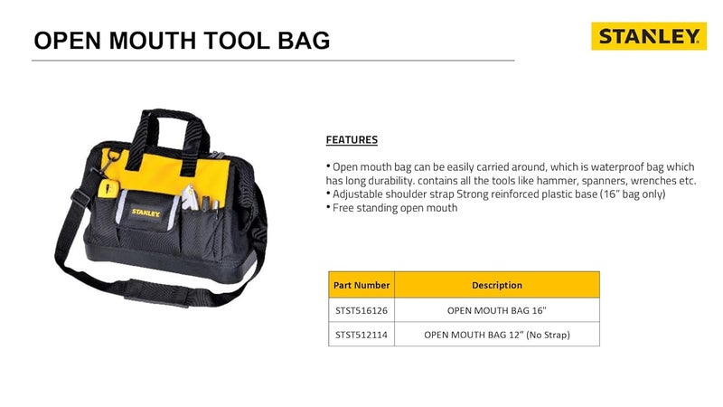 STANLEY STST516126 16 Multipurpose Tools Storage Water Proof Open Mouth Bag for Easy Convenient Storage 1 Year Warranty YELLOW BLACK - Image 5