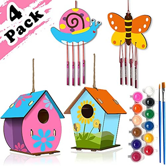 HOSKO Arts and Crafts for Kids Ages 4-8 8-12, 2 Pack DIY Bird House Wind Chime Kids Crafts, Craft Kits for Girls Boys Toddlers 4-6 6-8, Painting Kits Includes Paints & Brushes - Image 1