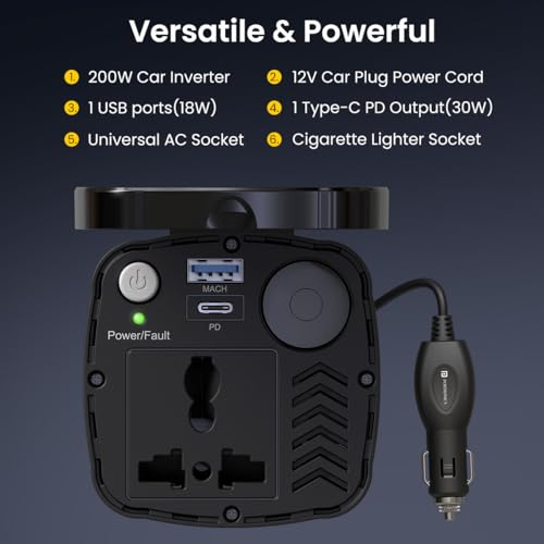 Portronics 200W Car Power One with 30W Type-C PD,12V Car Plug Power Cord,18W USB Port, AC Socket, Cigarette Lighter Slot, LED Indicator, Power Button, and Cooling Fan – Compact and Durable(Black) - Image 2