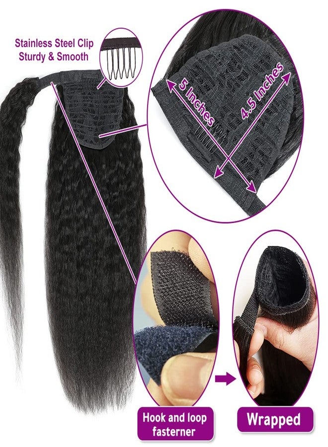 Adette 24 Inches Kinky Straight Ponytail Human Hair Yaki Straight Ponytail Extension for Black Women Wrap Around Ponytail Hair Piece with Magic Paste Ponytail Natural Black Color - Image 3