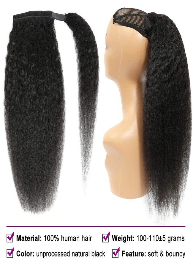 Adette 24 Inches Kinky Straight Ponytail Human Hair Yaki Straight Ponytail Extension for Black Women Wrap Around Ponytail Hair Piece with Magic Paste Ponytail Natural Black Color - Image 4