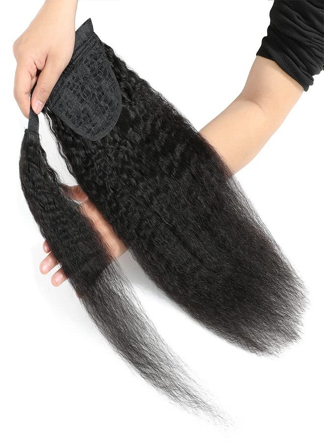 Adette 24 Inches Kinky Straight Ponytail Human Hair Yaki Straight Ponytail Extension for Black Women Wrap Around Ponytail Hair Piece with Magic Paste Ponytail Natural Black Color - Image 2