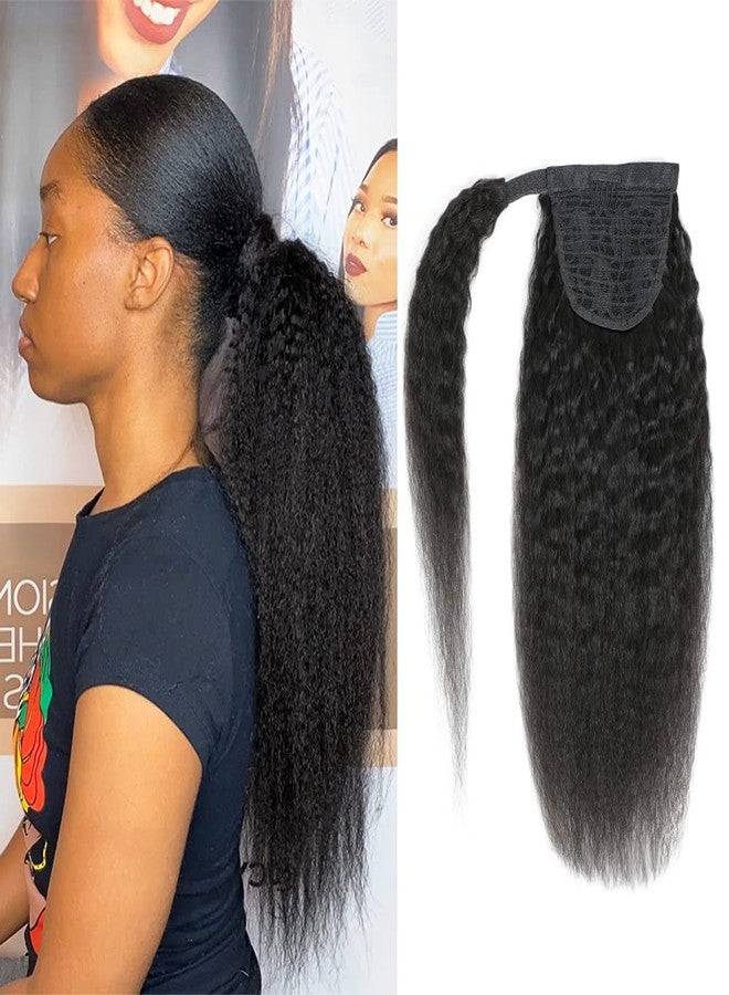 Adette 24 Inches Kinky Straight Ponytail Human Hair Yaki Straight Ponytail Extension for Black Women Wrap Around Ponytail Hair Piece with Magic Paste Ponytail Natural Black Color - Image 1