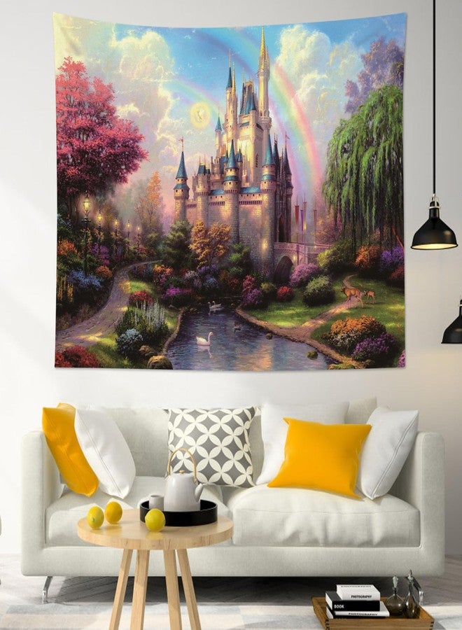 HVEST Castle Tapestry Trees and River in Fantasy Forest Wall Hanging Fairy Tale Tapestries for Kids Bedroom Living Room Dorm Party Wall Decor,60Wx40H inches - Image 3