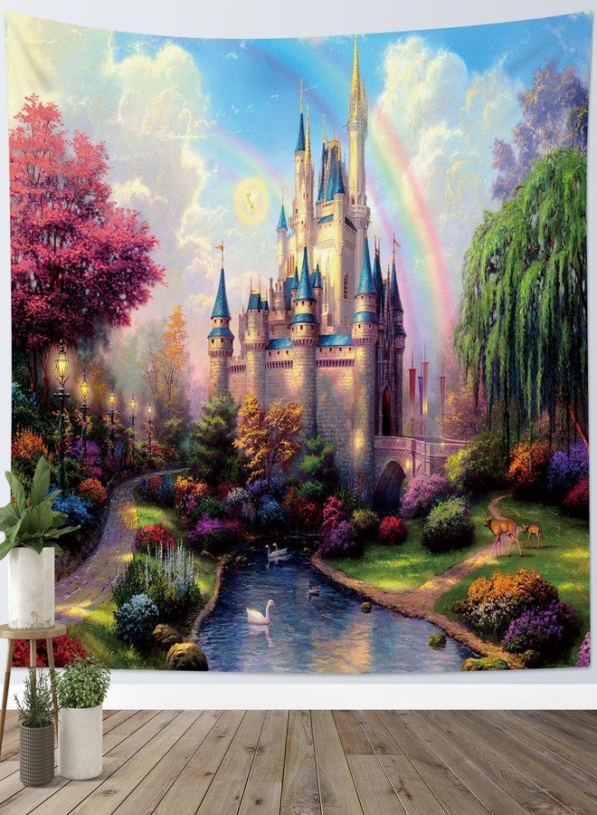 HVEST Castle Tapestry Trees and River in Fantasy Forest Wall Hanging Fairy Tale Tapestries for Kids Bedroom Living Room Dorm Party Wall Decor,60Wx40H inches - Image 1