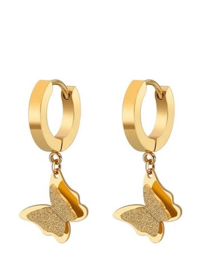 Luxuria 14k Gold Small White Butterfly Dangle Hoop Earrings  - Image 1