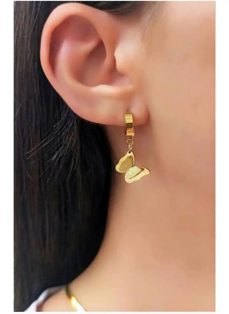 Luxuria 14k Gold Small White Butterfly Dangle Hoop Earrings  - Image 2