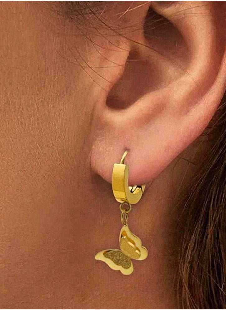 Luxuria 14k Gold Small White Butterfly Dangle Hoop Earrings  - Image 3