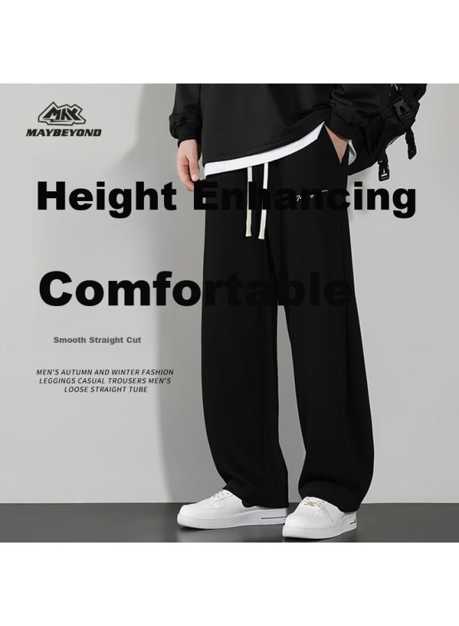 Maybeyond Men's Casual Pants Spring American Style Curved Blade Sports Long Pants Wide Leg Draped Straight Trousers Ma09 Black L - Image 1