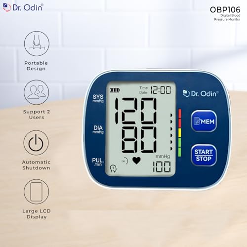 Dr.Odin Dr. Odin OBP106 Automatic Digital Blood Pressure Monitor with Large Display for Home, Cuff 22-36 cm, Dual Memory, Battery Powered, Blue - Image 2
