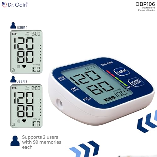 Dr.Odin Dr. Odin OBP106 Automatic Digital Blood Pressure Monitor with Large Display for Home, Cuff 22-36 cm, Dual Memory, Battery Powered, Blue - Image 4