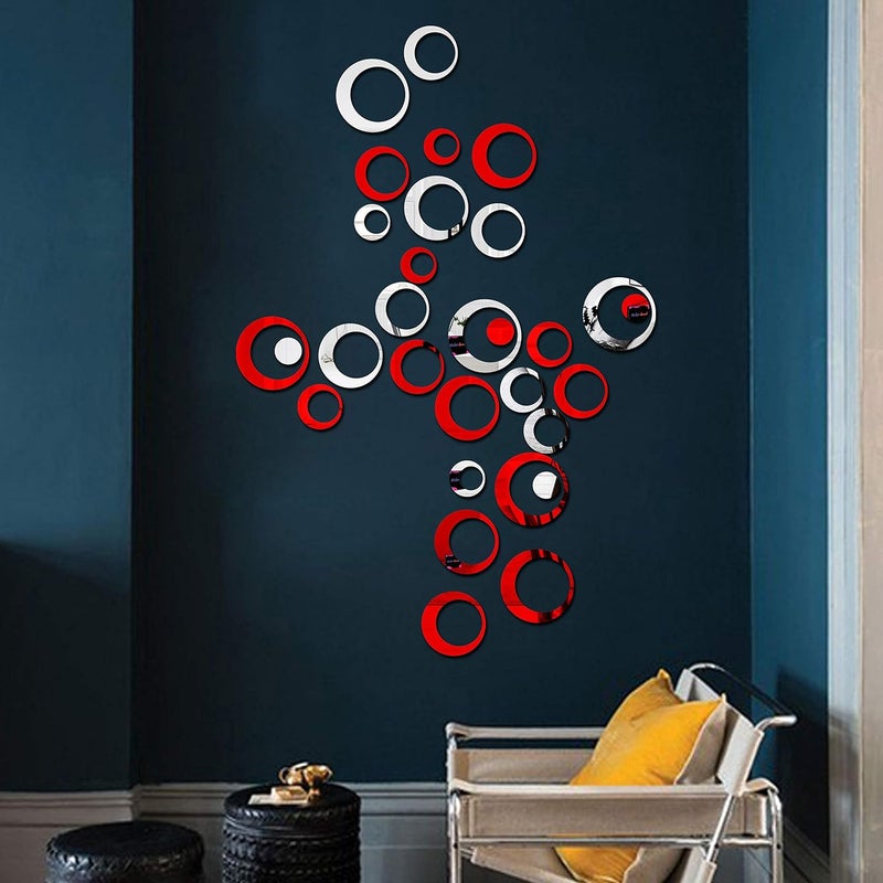 Bikri Kendra Bikri Kendra 30 Ring 15 Silver 15 Red 3D Acrylic Mirror Wall Stickers
