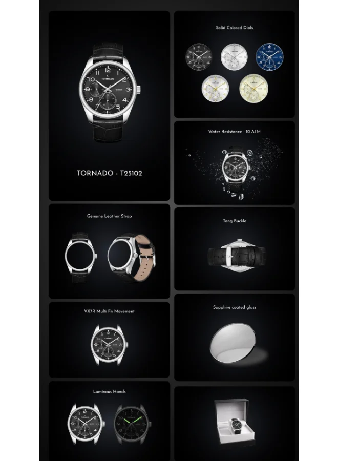 Tornado white Men's Genuine Leather with crocodile pattern Multi Function Watch T25102-SLDW - 42mm mm for Men | Best Price UAE