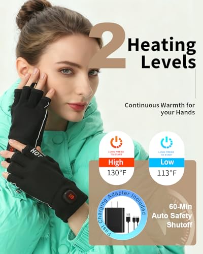 uncn Heated Gloves Fingerless for Women Man with 3.7V 3000mAh Rechargeable Battery Work Touchscreen Gloves for Winter Cold Weather Rechargeable Electric (Large) - Image 4