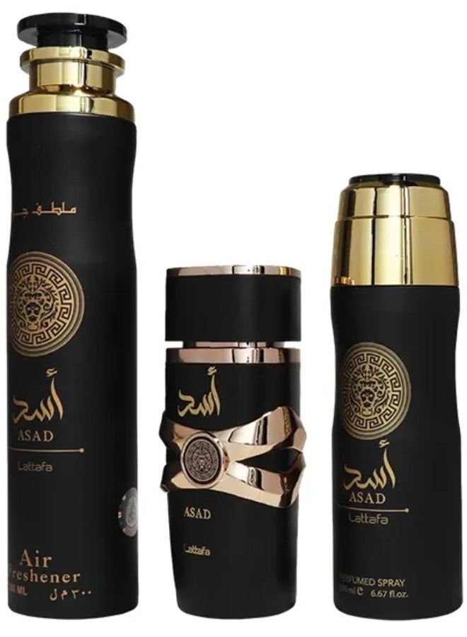 Lattafa Gift Set Asad EDP 100ml + Perfumed Spray 200ml + Air Freshener 300ml - Image 1