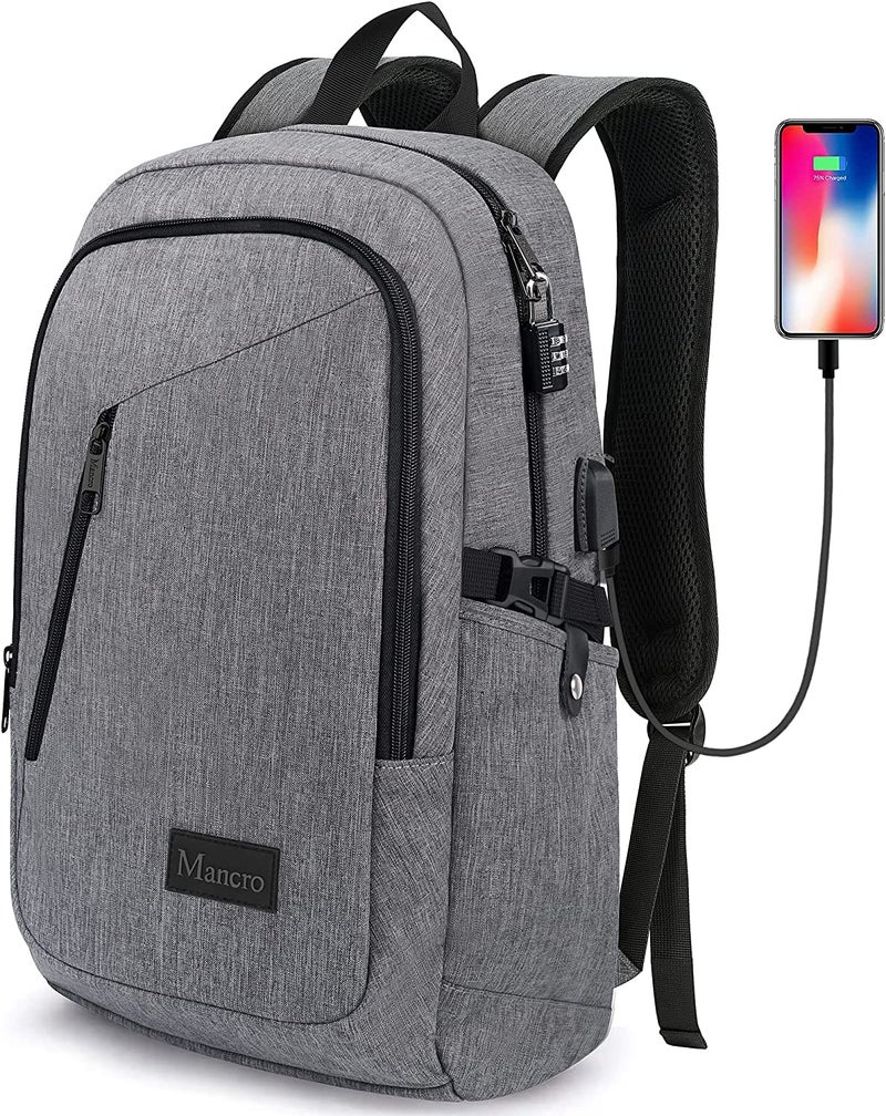 Mancro Laptop Backpack for Travel, Anti-theft Laptop Backpack for Men Business Backpack Work Daypack with USB Charging Port & Lock, Water Resistant Travel Computer Bag Daypack, Grey - Image 1