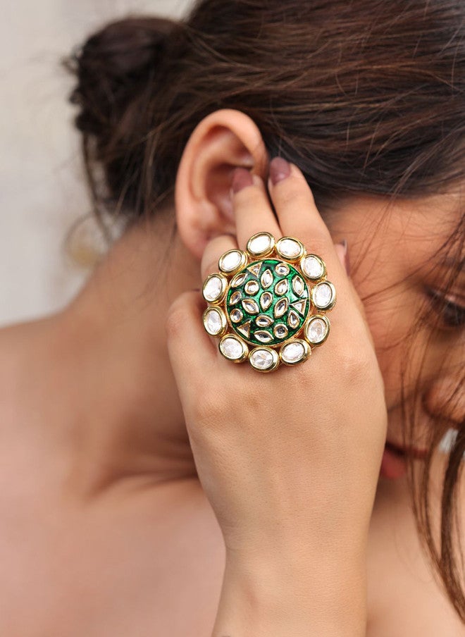 Binnis Wardrobe Kundan Studded Bloom Meenakari Adjustable Finger Ring - Image 2