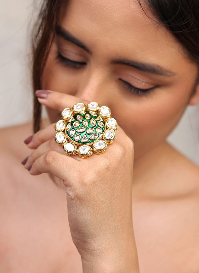 Binnis Wardrobe Kundan Studded Bloom Meenakari Adjustable Finger Ring - Image 1