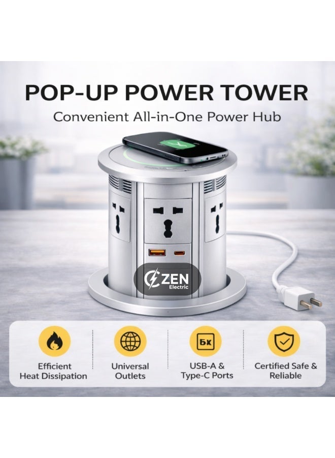 CZEN ELECTRIC Pop-Up Power Socket with Wireless Charger, Built-in Desk Power Hub, Qi Fast Charging Pad, AC Outlets, Hidden Table Installation for Office & Workspace (SILVER) - Image 3