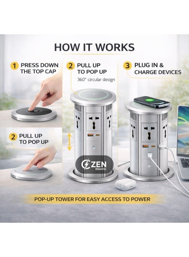 CZEN ELECTRIC Pop-Up Power Socket with Wireless Charger, Built-in Desk Power Hub, Qi Fast Charging Pad, AC Outlets, Hidden Table Installation for Office & Workspace (SILVER) - Image 5