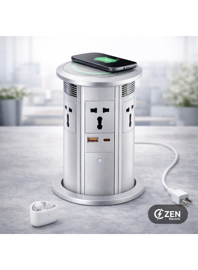 CZEN ELECTRIC Pop-Up Power Socket with Wireless Charger, Built-in Desk Power Hub, Qi Fast Charging Pad, AC Outlets, Hidden Table Installation for Office & Workspace (SILVER) - Image 2